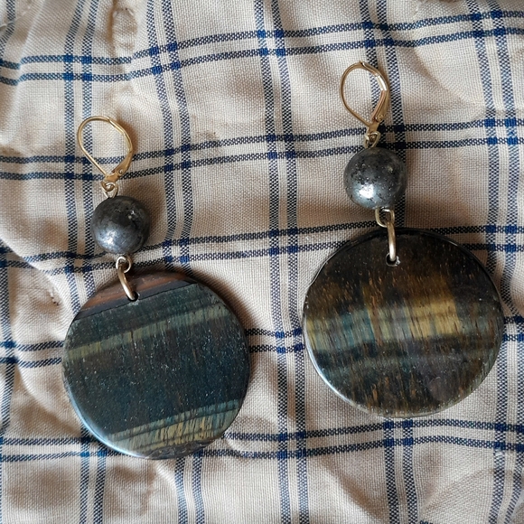 XL Blue Tiger Eye + Pyrite Earrings - Picture 3 of 3